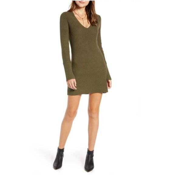 Something Navy Olive Green Fitted Long Sleeve Tunic Ribbed Sweater Dress - S - Picture 3 of 10